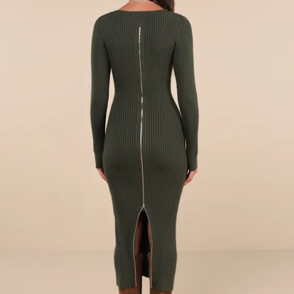 Lulus Everyday Beauty Green Long Sleeve Ribbed Knit Sweater Dress - Size XS - Picture 2 of 4